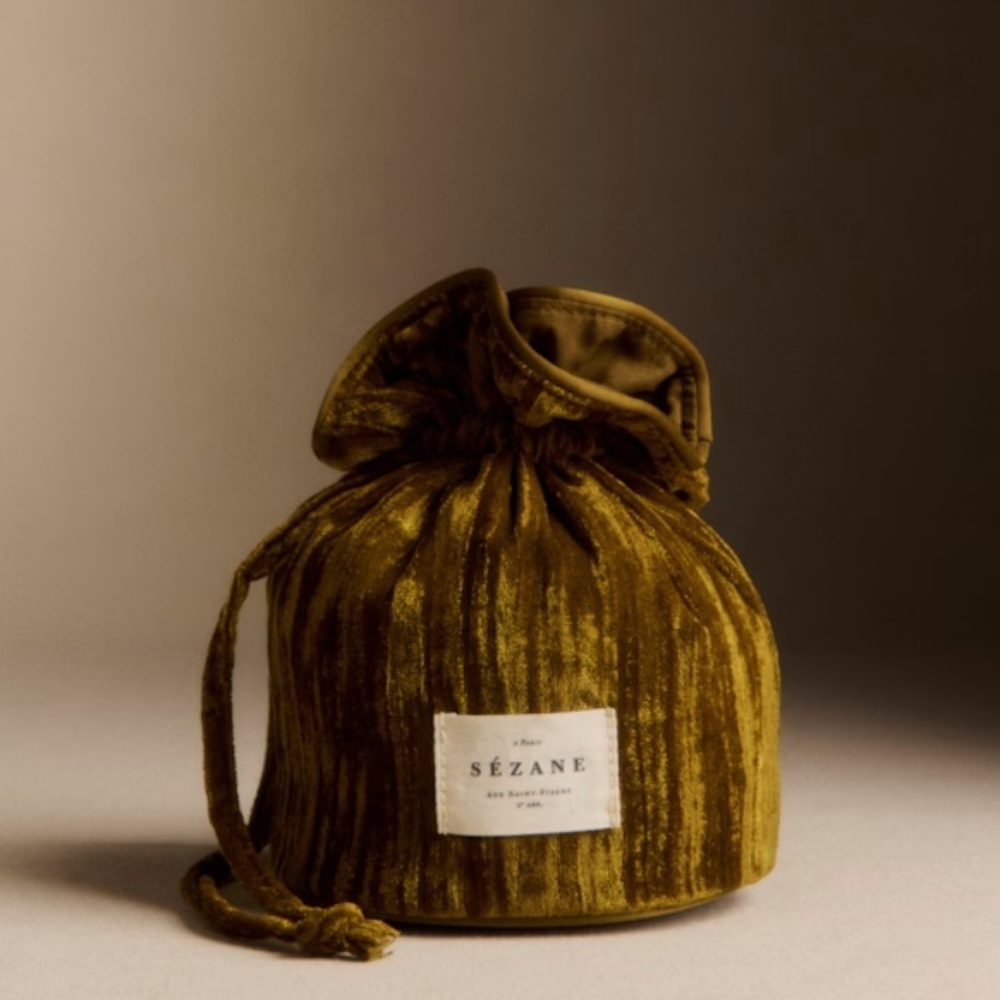 Sezane Olive Velvet Drawstring Pouch NWOT